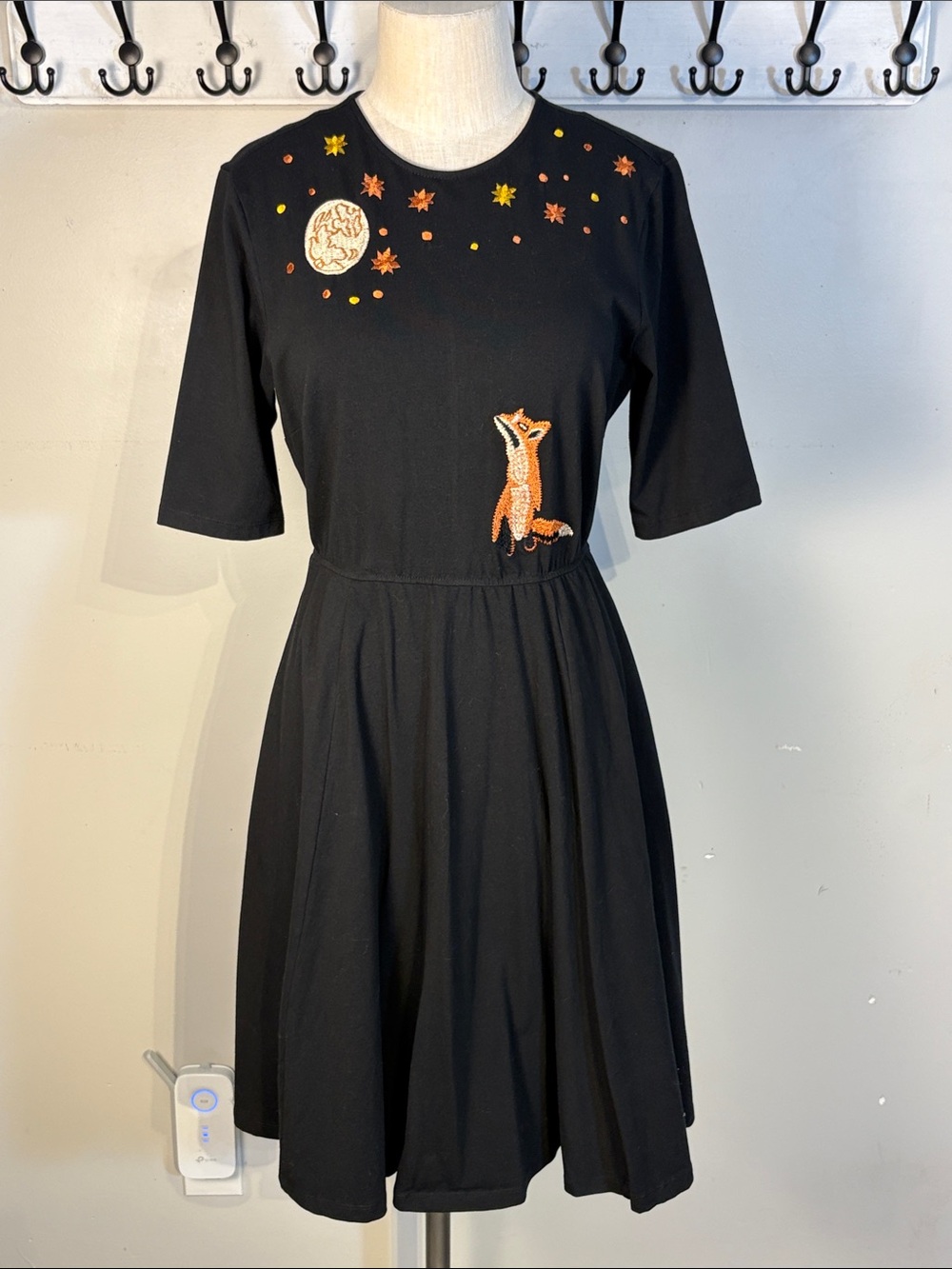 Black Midi Dress with Fox & Moon Embroidery